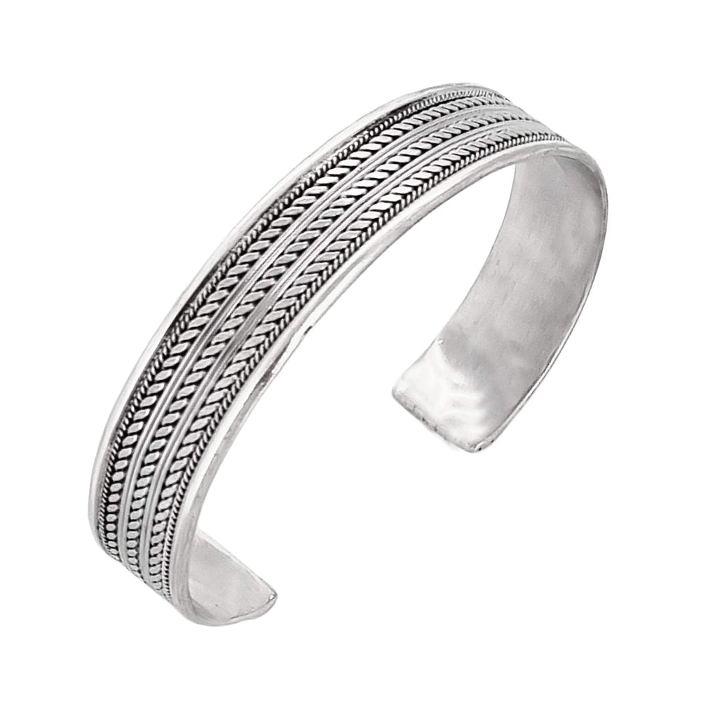 mens silver bangle braided details