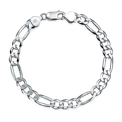 Solid Figaro Chain Bracelet for Men |8mm 925 Sterling Silver Bracelet - Lengths: 18.5cm, 19.5cm, 20cm, 21cm, 23cm