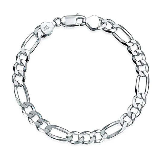Solid Figaro Chain Bracelet for Men |8mm 925 Sterling Silver Bracelet - Lengths: 18.5cm, 19.5cm, 20cm, 21cm, 23cm