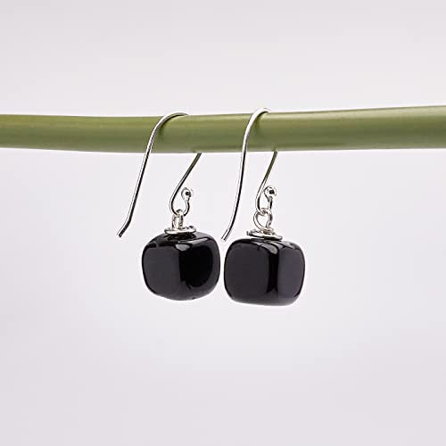 Black Agate Gemstone Cube Shape Dangle Drop Earrings
