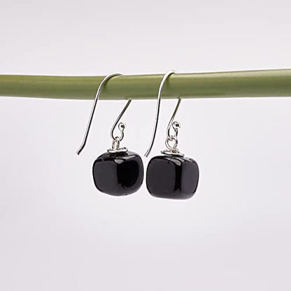 Black Agate Gemstone Cube Shape Dangle Drop Earrings