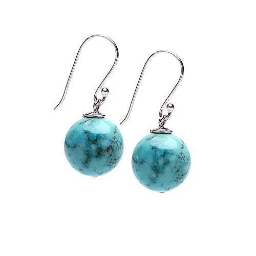 Blue Turquoise 12mm Bead Gemstone Dangle Drop Earrings