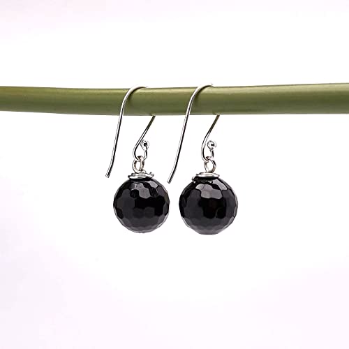 Black Agate 12mm Faceted Bead Gemstone Dangle Drop Earrings