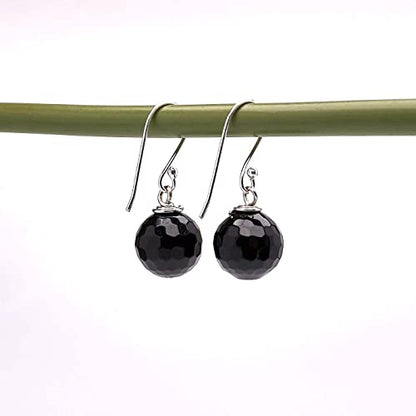 Black Agate 12mm Faceted Bead Gemstone Dangle Drop Earrings