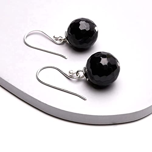 12mm Faceted Bead Gemstone Dangle Drop Earrings Black Agate 