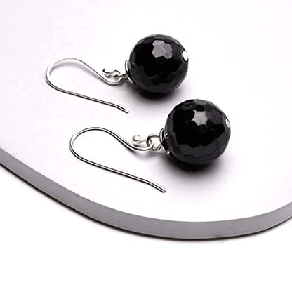 12mm Faceted Bead Gemstone Dangle Drop Earrings Black Agate 