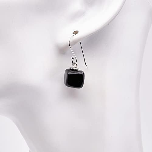 Black Agate Gemstone Cube Shape Dangle Earrings