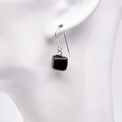 Black Agate Gemstone Cube Shape Dangle Earrings