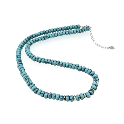 Rondelle Shape Blue Turquoise Beaded Gemstone Necklace Against a White Background