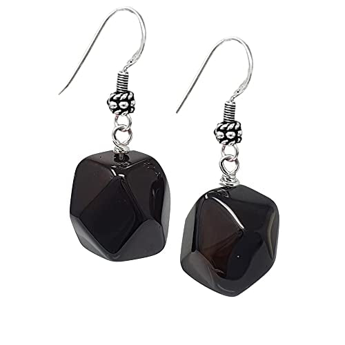 Unique Shape Faceted Black Agate Gemstone Drop Earrings