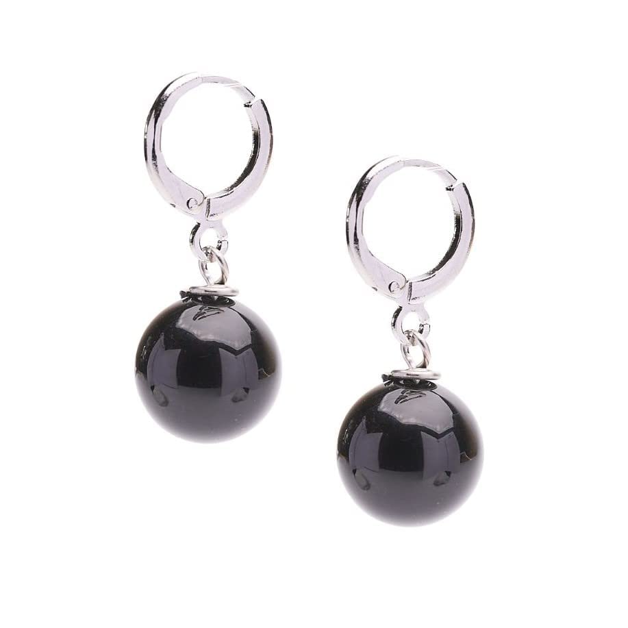 Black Agate 12mm Gemstone Bead Leverback Earrings