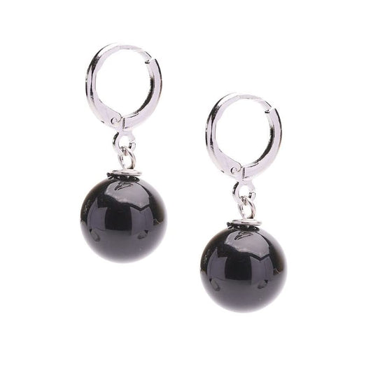 Black Agate 12mm Gemstone Bead Leverback Earrings