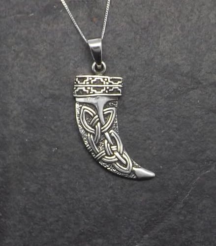 925 sterling silver viking horn pendant displayed on chain against a dark gray background