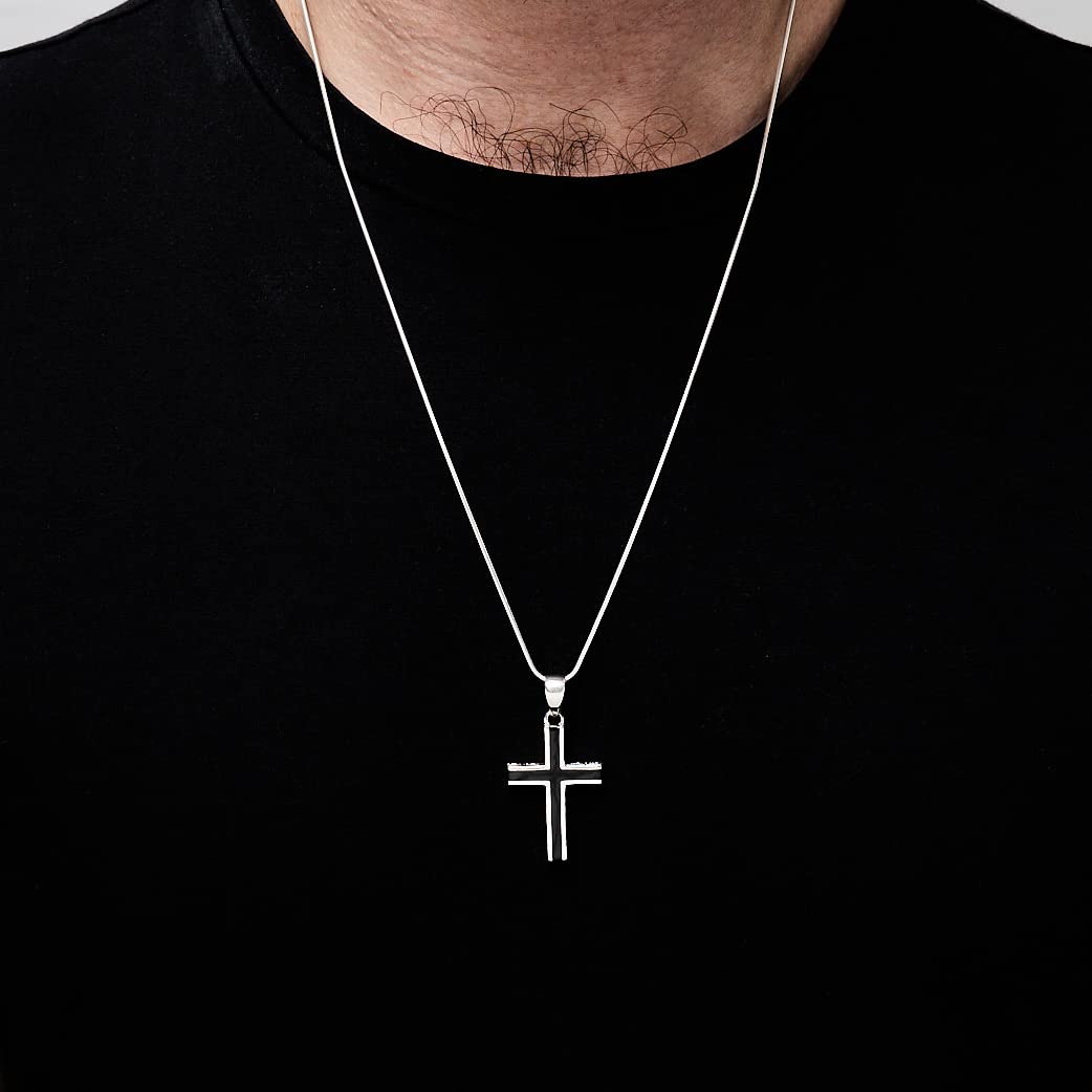 Men's 925 sterling silver cross pendant on model