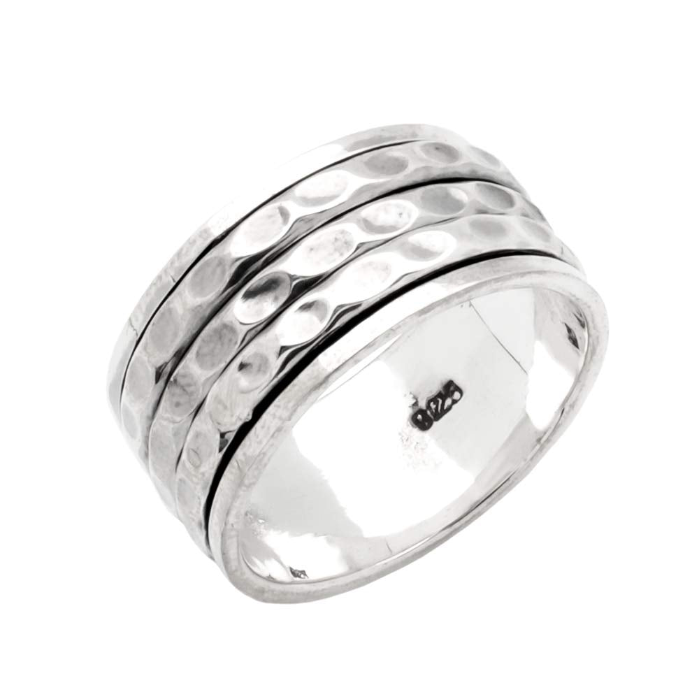 925 sterling silver 3 row hammered effect spinning ring 