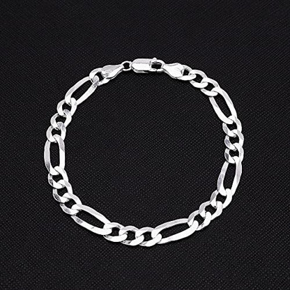 Solid Figaro Chain Bracelet for Men |8mm 925 Sterling Silver Bracelet - Lengths: 18.5cm, 19.5cm, 20cm, 21cm, 23cm