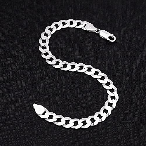 925 Sterling Silver 8mm Thick Curb Chain Bracelet on black background