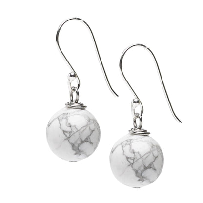 White Turquoise 12mm Bead Gemstone Dangle Drop Earrings