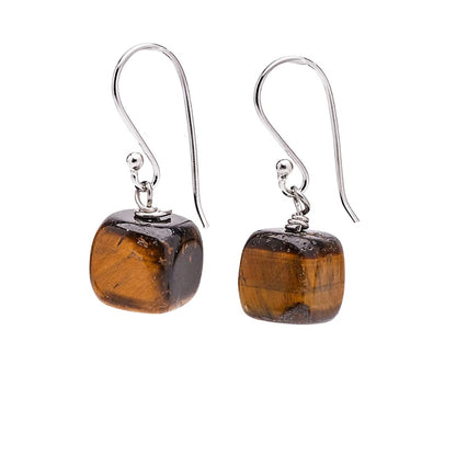 Tiger's Eye Cube Shape Gemstone Dangle Drop Earrings