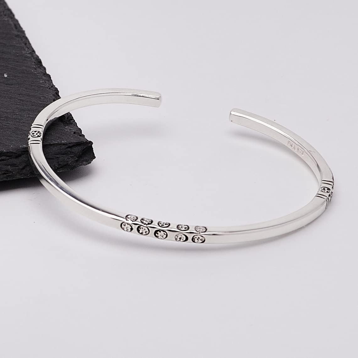 Embossed details 925 sterling silver open cuff bangle bracelet for men and women