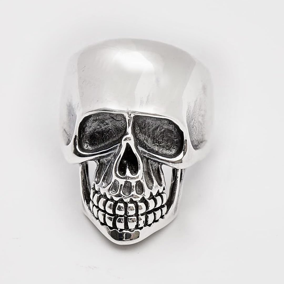 925 sterling silver chunky biker jewelry skull ring front view