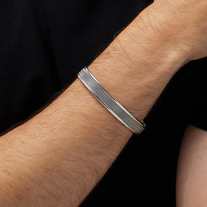 Men's Silver Bracelet | Open Cuff Bangle with Braided Details in Solid 925 Sterling Silver