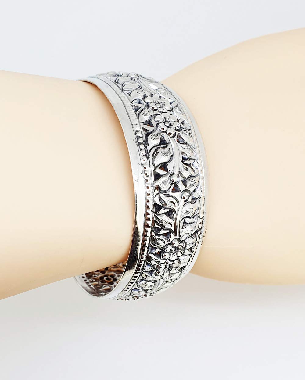 925 sterling silver chunky floral design wide cuff bangle