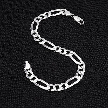 Solid Figaro Chain Bracelet for Men |8mm 925 Sterling Silver Bracelet - Lengths: 18.5cm, 19.5cm, 20cm, 21cm, 23cm