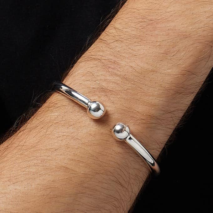 925 sterling silver ball ended torque bangle bracelet on model