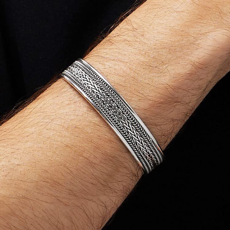 Braided Silver Bangle | Classic Handmade 925 Sterling Silver Cuff Bracelet for Men