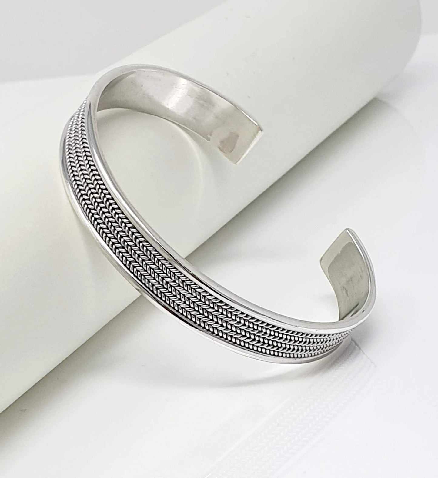Men's Silver Bracelet | Open Cuff Bangle with Braided Details in Solid 925 Sterling Silver