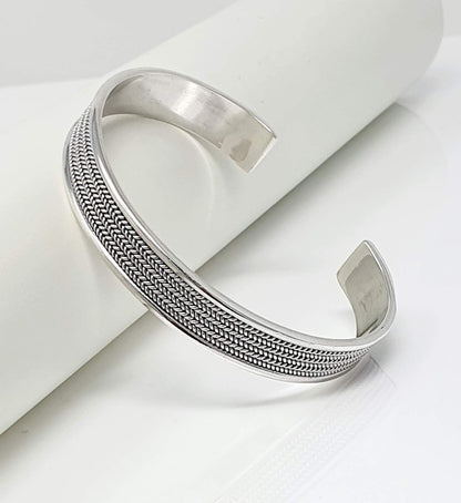 Men's Silver Bracelet | Open Cuff Bangle with Braided Details in Solid 925 Sterling Silver