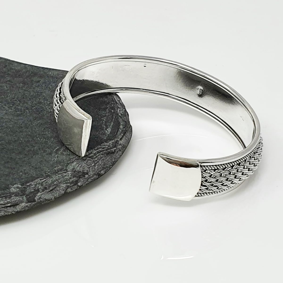 braided design wide cuff bangle bracelet 925 sterling silver