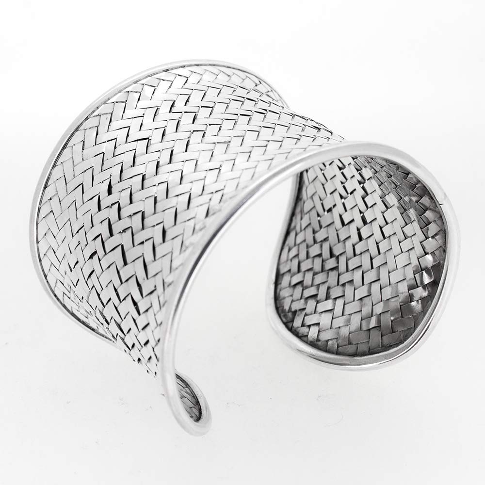 woven wide cuff bangle bracelet 925 sterling silver 