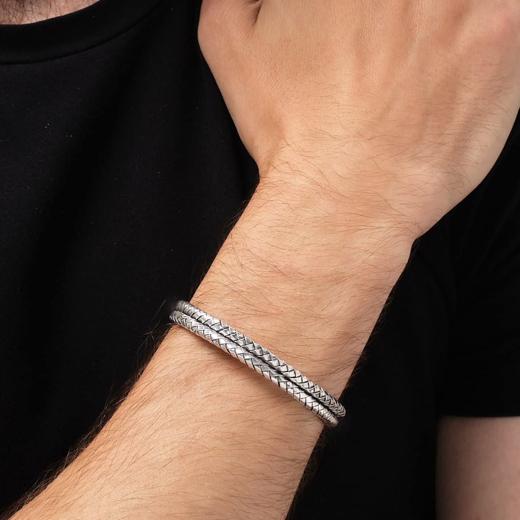 925 sterling silver double row woven bangle bracelet on model