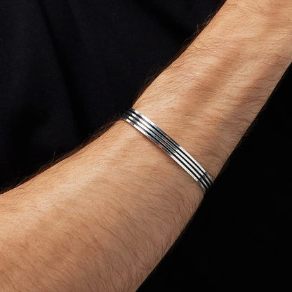 925 sterling silver triple lines bangle bracelet on model