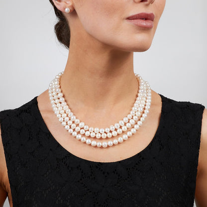 White Freshater Pearl Necklace Triple Row AA Grade 7mm on Female Model