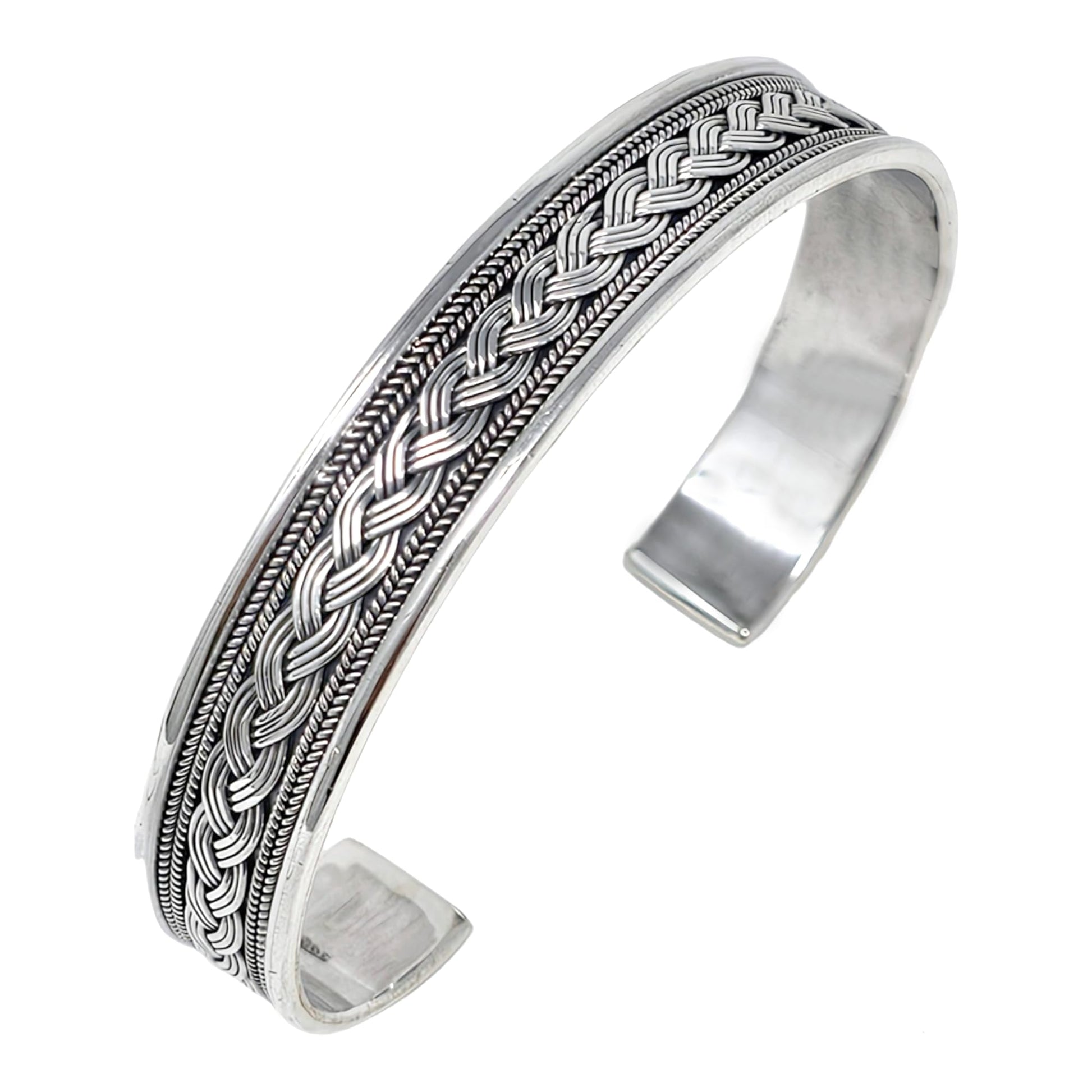 Braided details open cuff 925 sterling silver bangle bracelet for men 