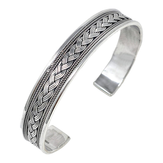 Braided details open cuff 925 sterling silver bangle bracelet for men 