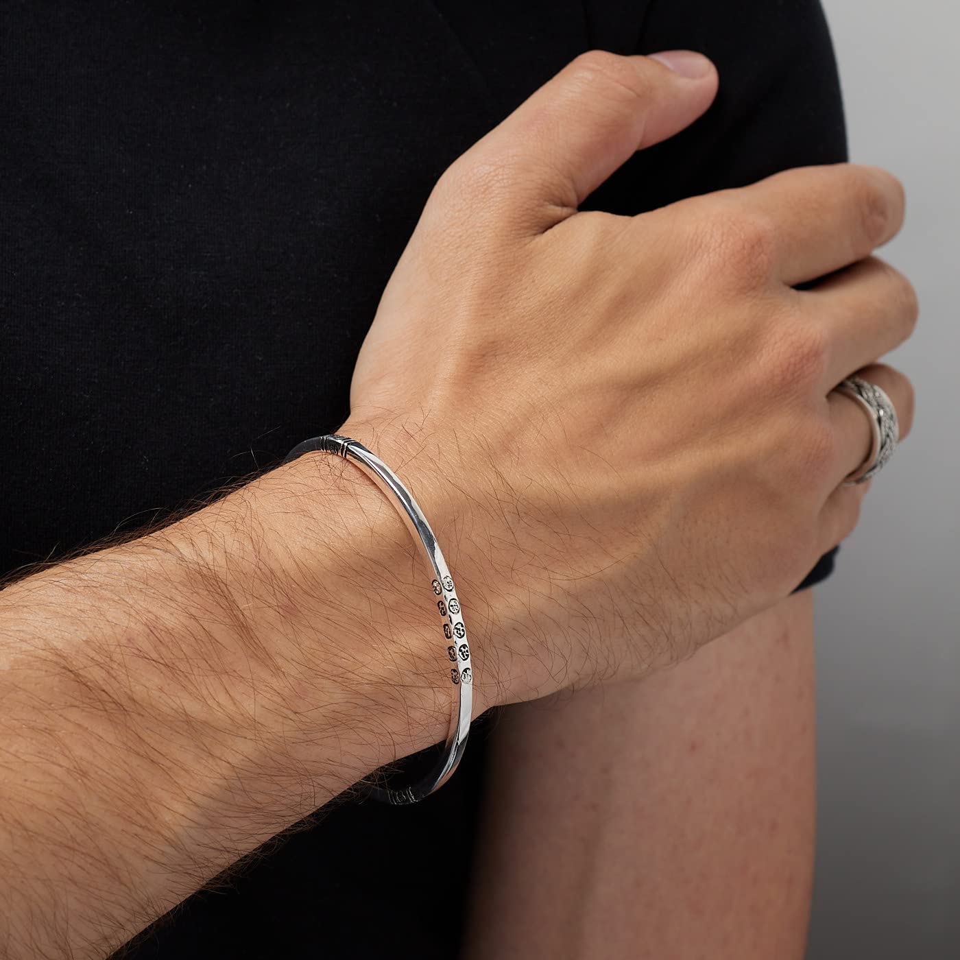 925 sterling silver embossed details open cuff bangle bracelet