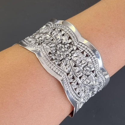 Floral Cuff Bangle | Chunky Wide 925 Sterling Silver Bracelet with Flower Design for Women