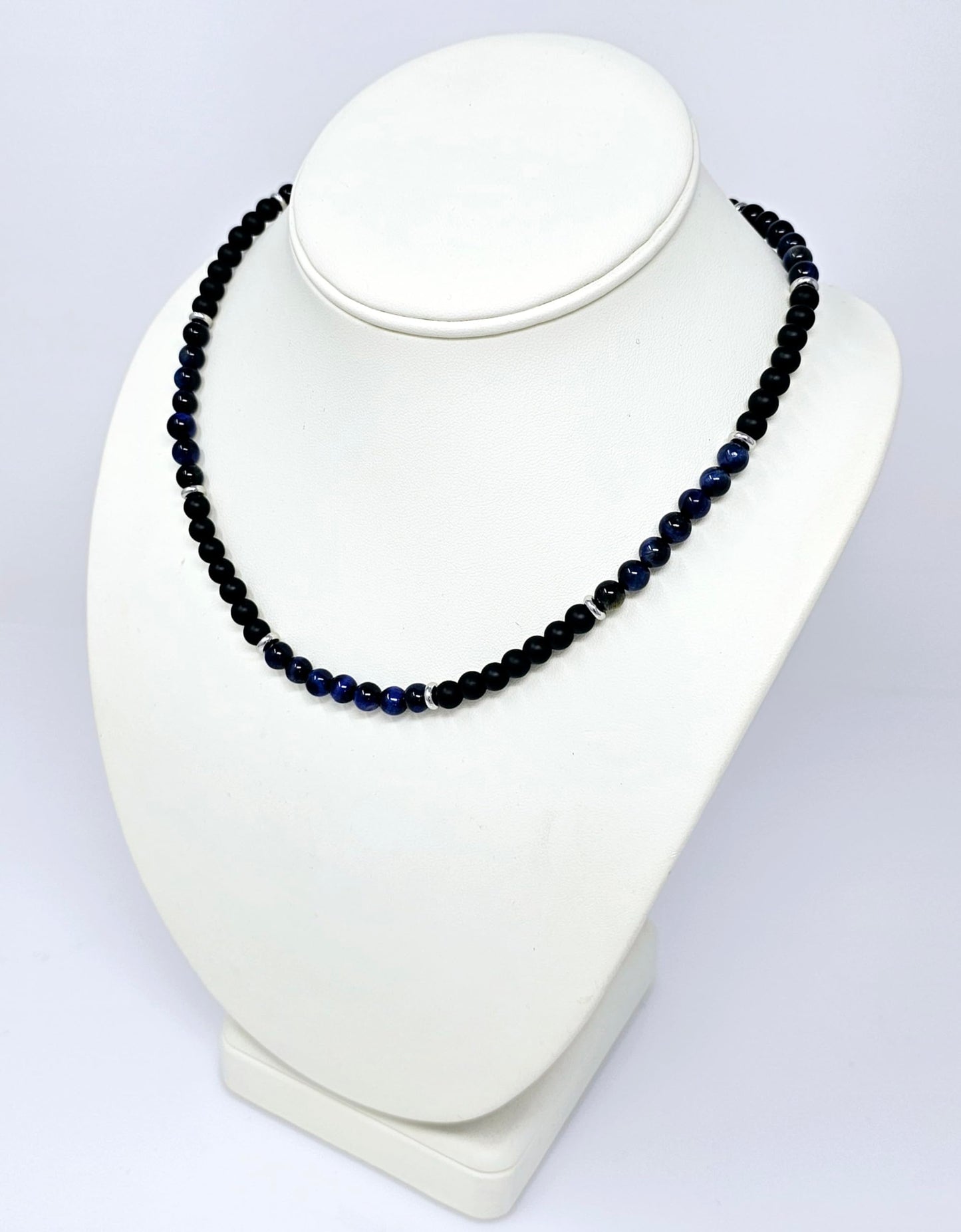 Black Onyx and Blue Tiger's Eye Gemstone Necklace