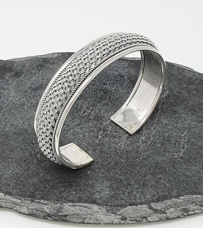 braided design 925 sterling silver wide cuff bangle bracelet
