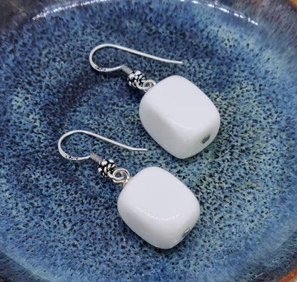 Women's Dangle Earrings | White Agate Gemstones with Sterling Silver Hooks
