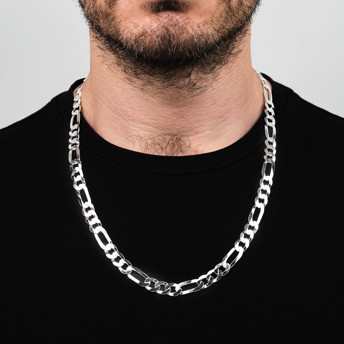 925 sterling silver 9.5mm figaro chain necklace on model