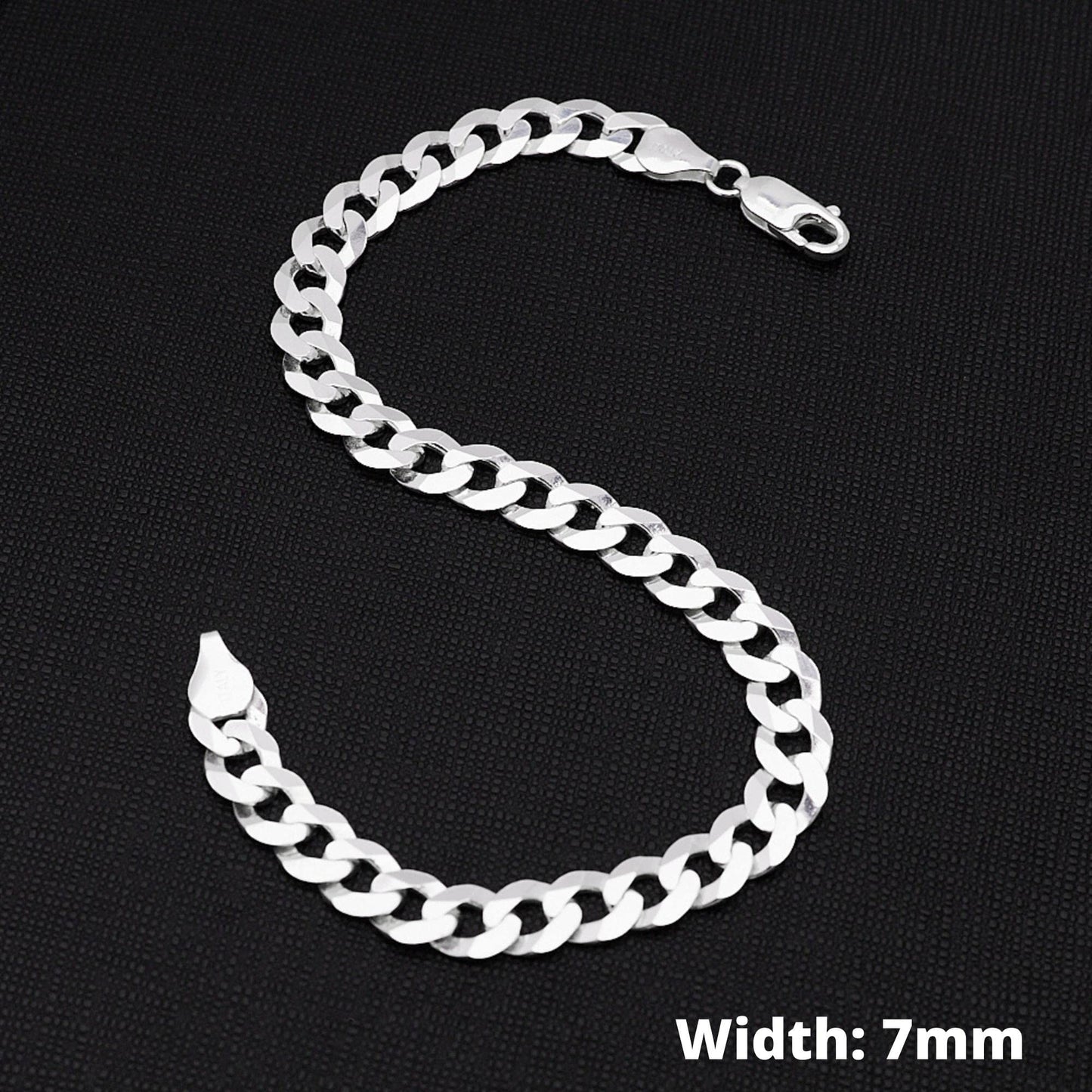 Chain Bracelet | Solid 925 Sterling Silver 7mm Curb Chain for Men - Length: 7.4in