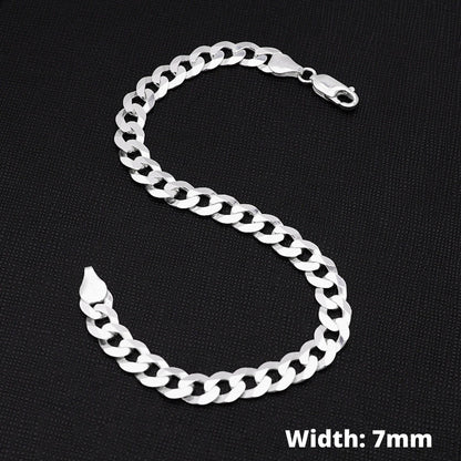 Chain Bracelet | Solid 925 Sterling Silver 7mm Curb Chain for Men - Length: 7.4in