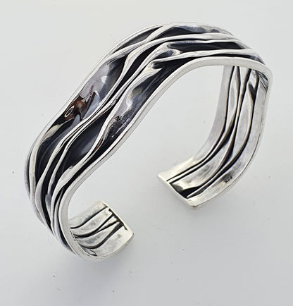 Statement Bangle for Women | 925 Sterling Silver Crushed Style Cuff Bracelet - 15MM