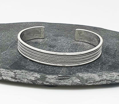 Men's Silver Bracelet | Open Cuff Bangle with Braided Details in Solid 925 Sterling Silver