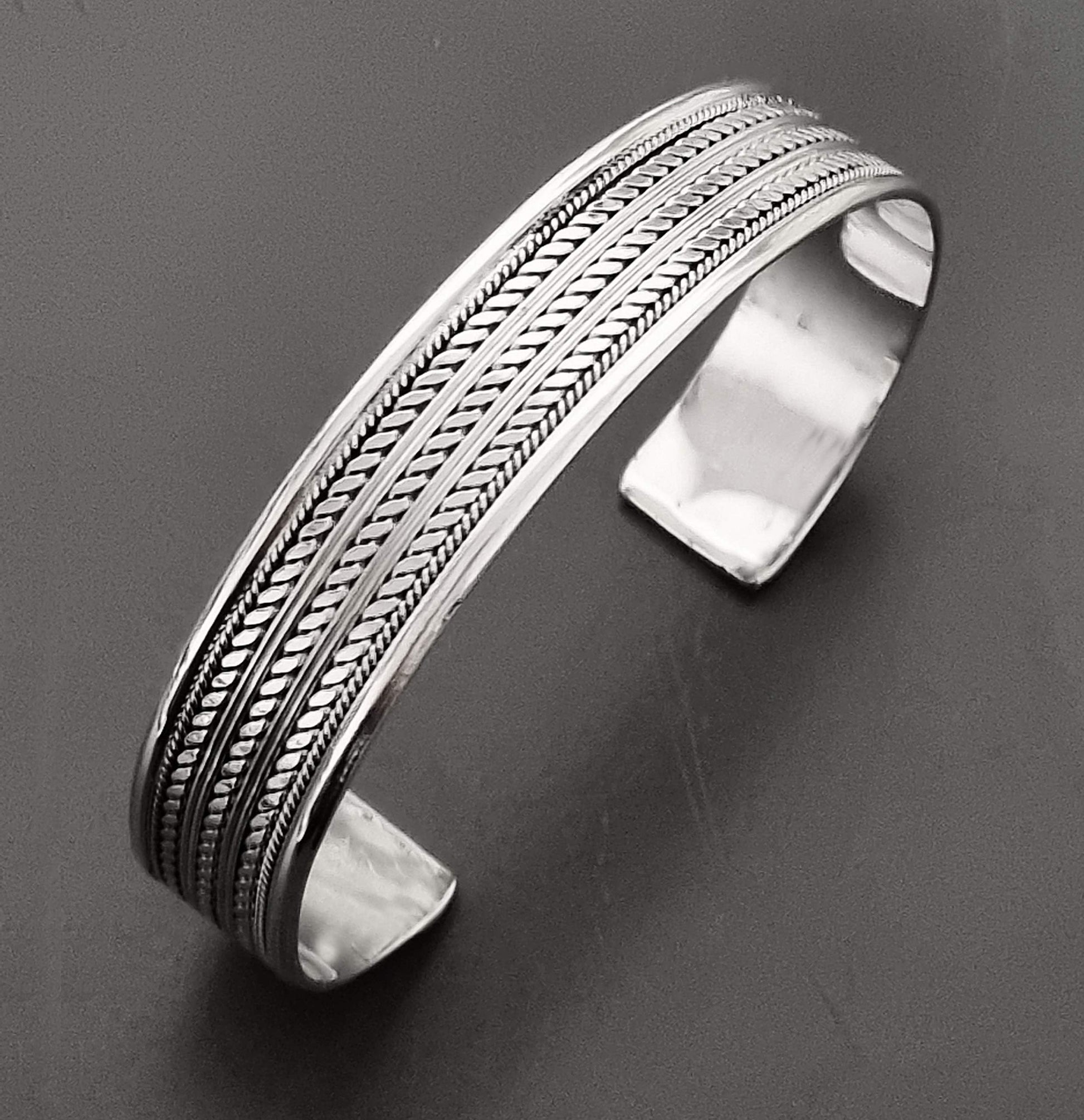 mens silver bangle braided details